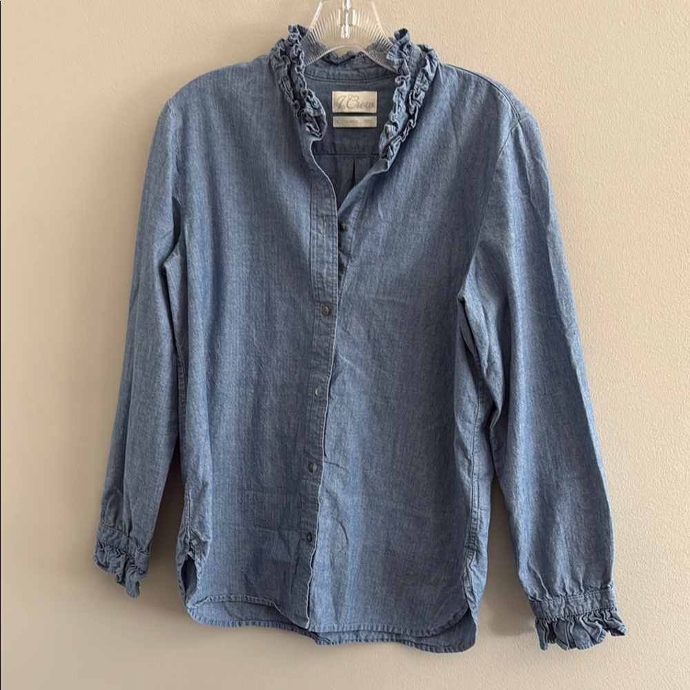 J. Crew Indigo Chambray Ruffled Blouse